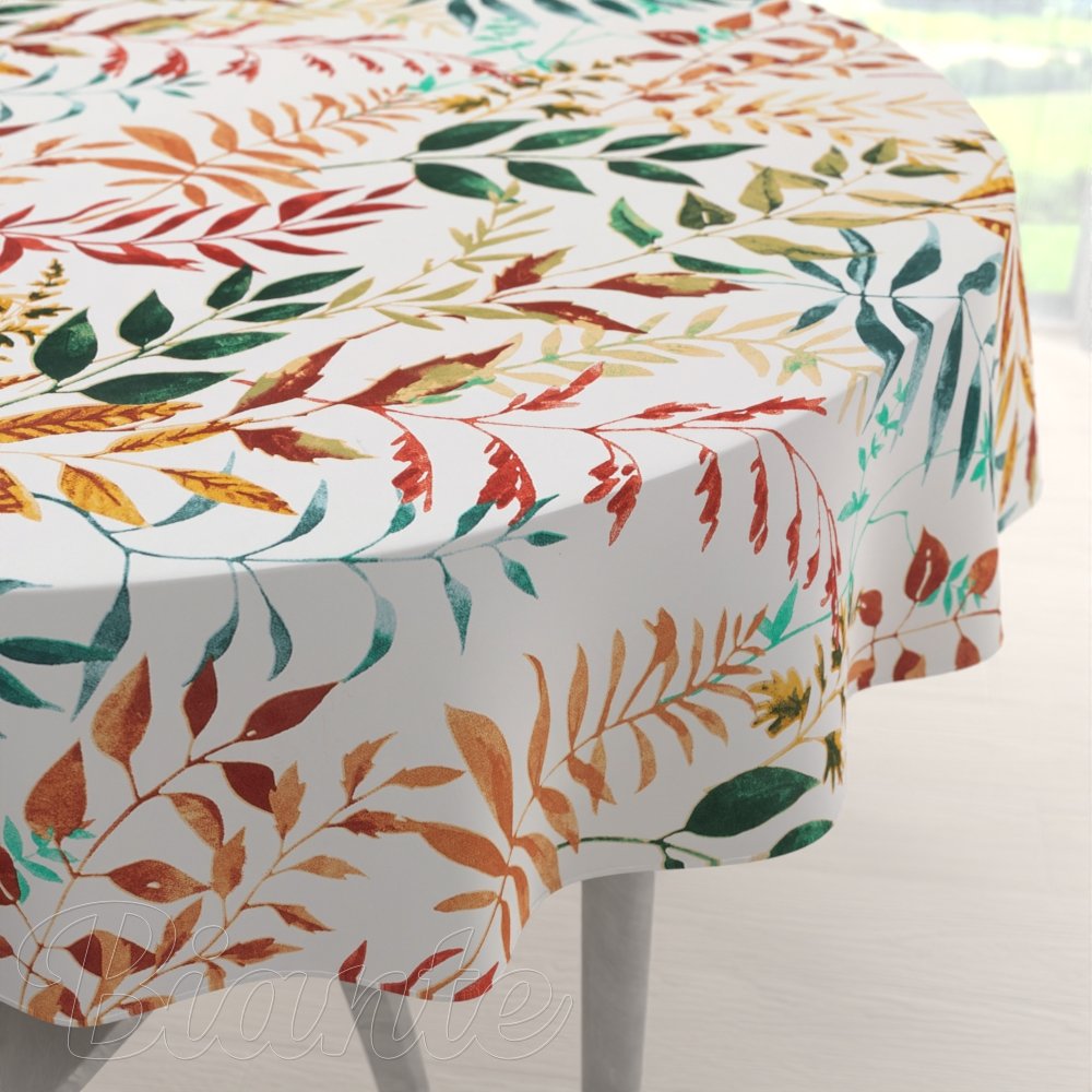 Bavlněný kulatý ubrus Sandra SA-712 Podzimní větvičky s listy na bílém - Biante.cz