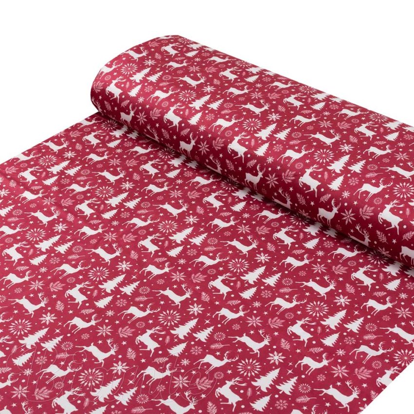 Sametová látka Tamara TMR-045 Vánoční jeleni a stromky na červeném - šířka 145 cm - detail 1 - Biante.cz