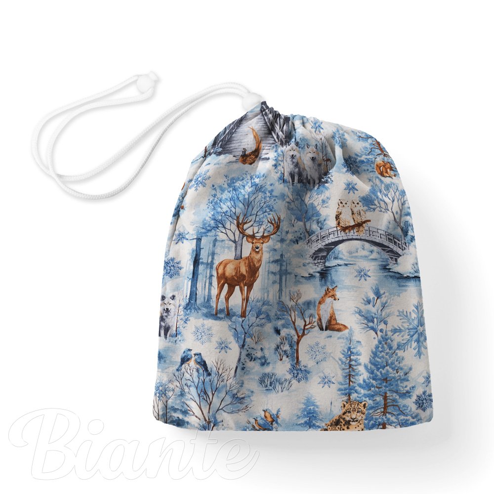 Bavlněný pytlík/sáček na přezůvky Sandra SA-674 Lesní zvířata v zimním lese na modrém - Biante.cz