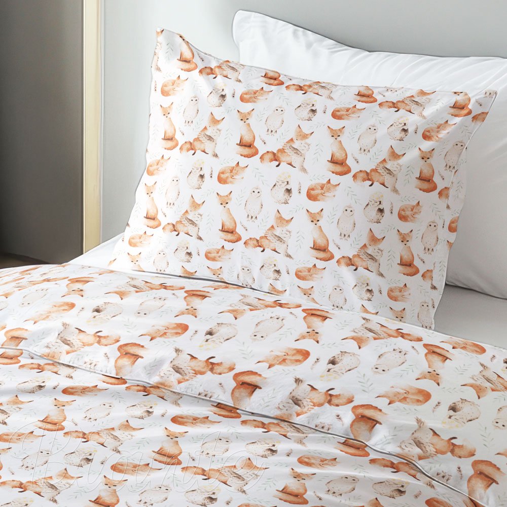 Dětské bavlněné ložní povlečení Sandra SA-523 Lišky a sovy na bílém - detail 1 - Biante.cz