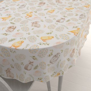 Dekorační oválný ubrus Leona LN-177 Velikonoční zvířátka a kraslice na bílém - Biante.cz