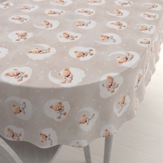 Dětský bavlněný oválný ubrus Sandra SA-744 Spící medvídci na obláčcích na šedobéžovém - Biante.cz