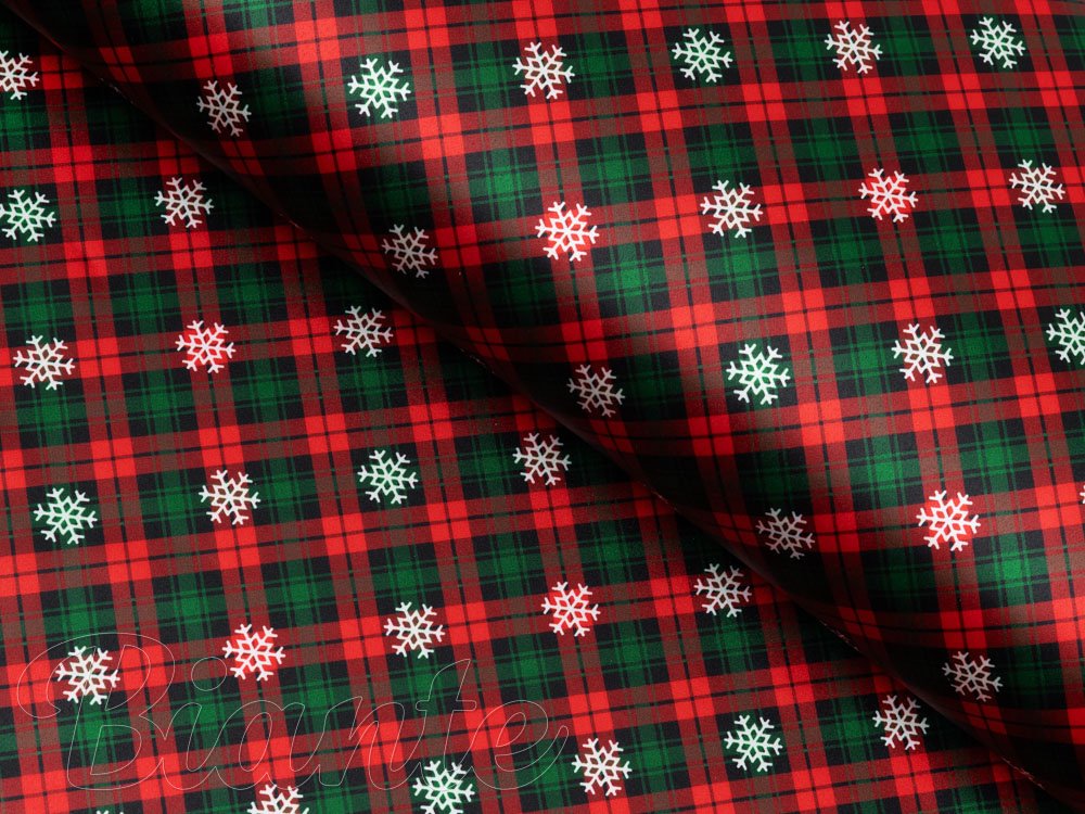Látka polyesterový satén LUP-502 Červeno-zelené vánoční káro s vločkami - šířka 145 cm - Biante.cz