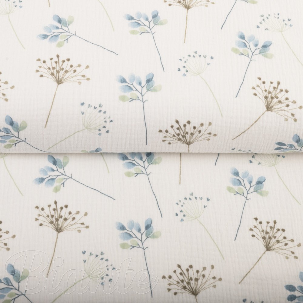 Mušelín dvojitá gázovina MSN-092 Modro-zelené vetvičky na krémovo bielom - metráž šírka 140 cm - detail 4 - Biante.sk