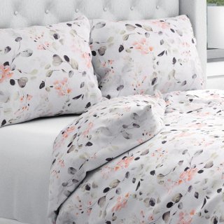 Bavlnené posteľné obliečky Sandra SA-288 Eukalyptus s ružovými kvetmi na bielom - Biante.sk