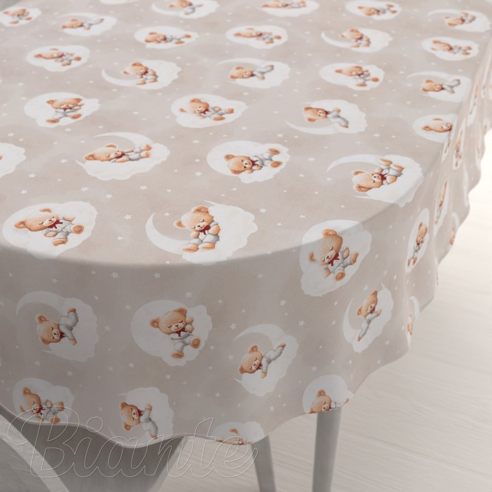 Dětský bavlněný oválný ubrus Sandra SA-744 Spící medvídci na obláčcích na šedobéžovém - Biante.cz