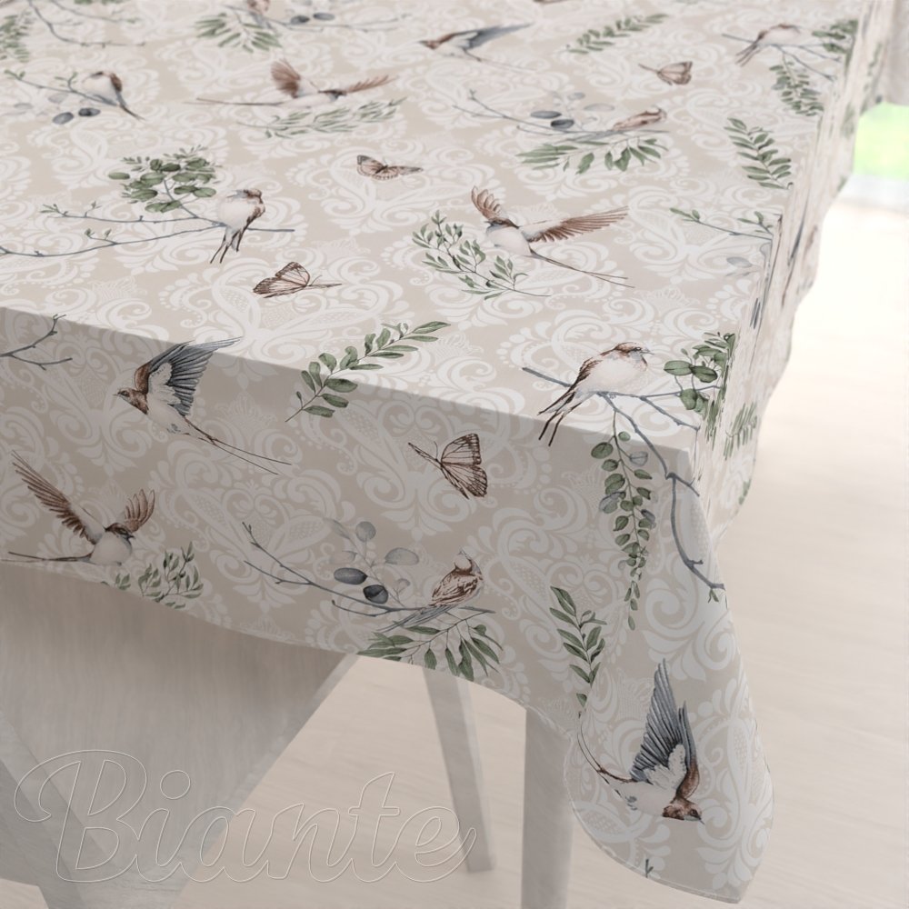 Bavlněný obdélníkový ubrus Sandra SA-490 Vlaštovky s motýlky na béžovém ornamentu - Biante.cz
