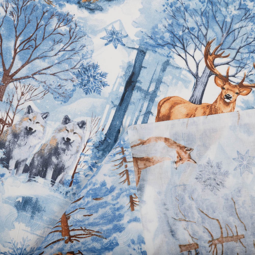 Bavlněná látka/plátno Sandra SA-674 Lesní zvířata v zimním lese na modrém - šířka 160 cm - detail 3 - Biante.cz