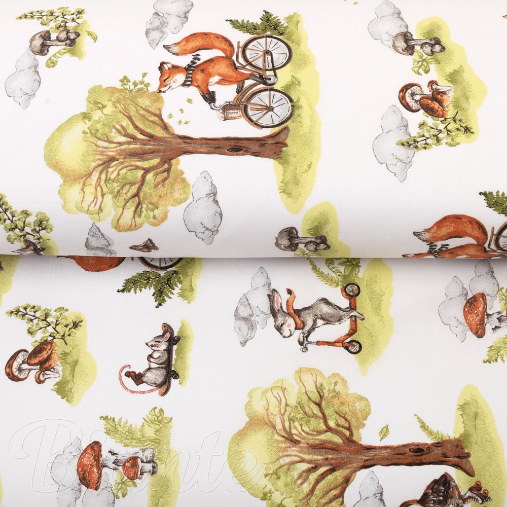 Dětská bavlněná látka/plátno Sandra SA-697 Lišky na kolách - zelené na bílém - šířka 160 cm - detail 2 - Biante.cz