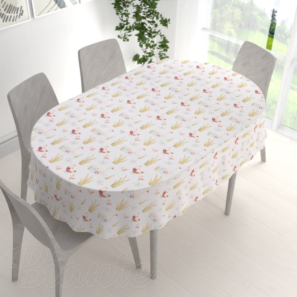 Dětský bavlněný oválný ubrus Sandra SA-752 Slepičky a husy na bílém - detail 1 - Biante.cz