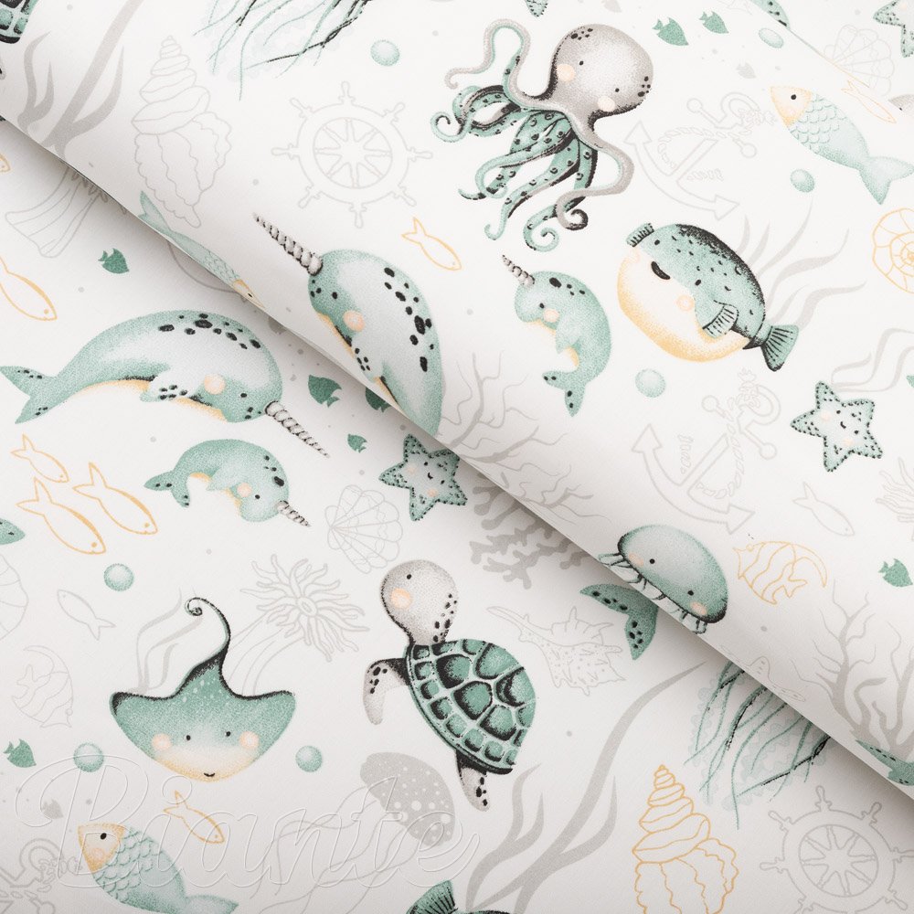 Dětská bavlněná látka/plátno Sandra SA-688 Mořský svět zelený na bílém - šířka 160 cm - Biante.cz