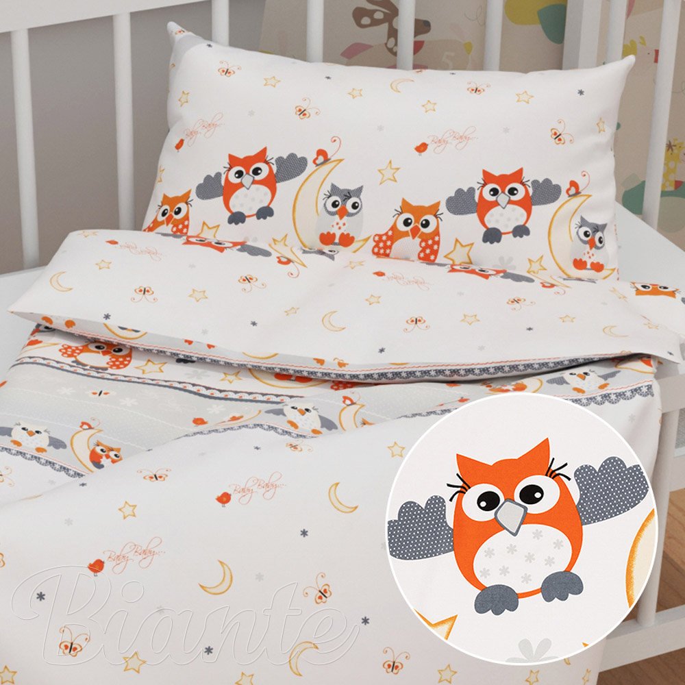 Dětské bavlněné povlečení do postýlky Sandra SA-592 Baby sovy oranžové - Biante.cz