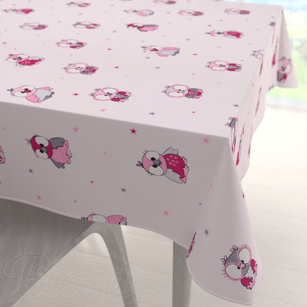 Dětský bavlněný čtvercový ubrus Sandra SA-726 Růžové sovičky na bledě růžovém - Biante.cz