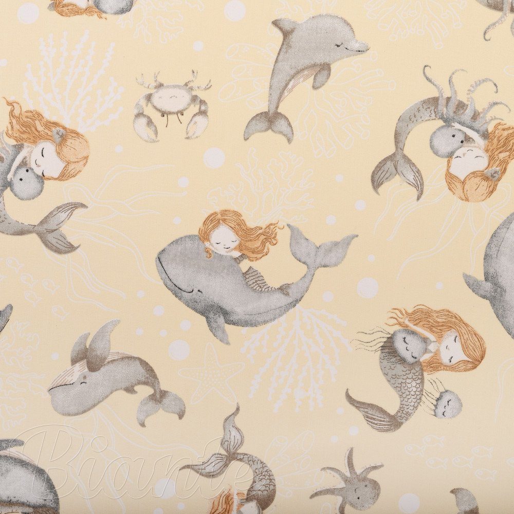 Dětská bavlněná látka/plátno Sandra SA-670 Šedo-hnědé mořské panny s delfíny na žlutobéžovém - šířka 160 cm - detail 5 - Biante.cz