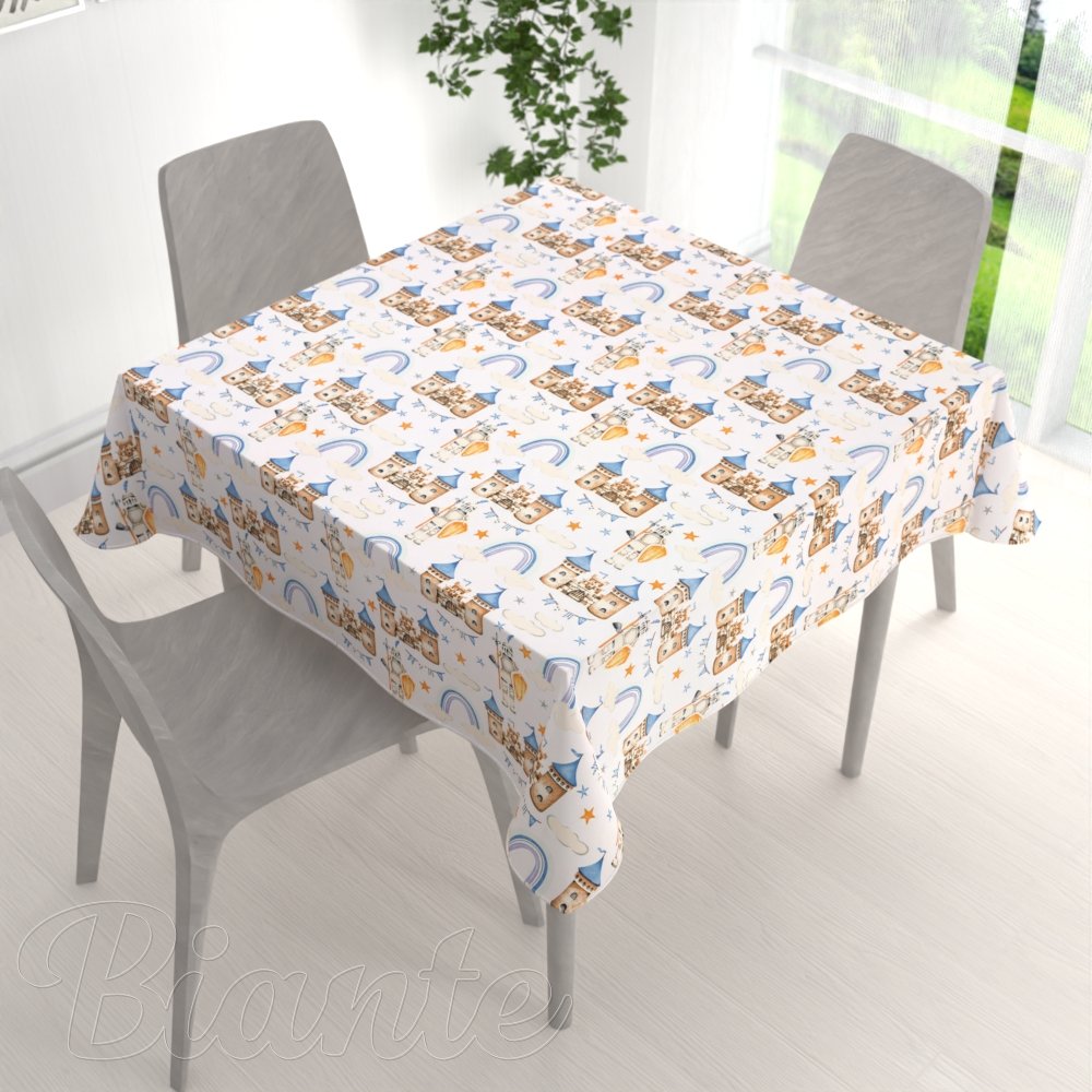 Dětský bavlněný čtvercový ubrus Sandra SA-666 Modro-hnědé hrady a rytíři na bílém - detail 1 - Biatne.cz