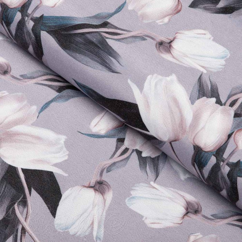 Dekoračná látka PML-034 Biele tulipány na sivom - šírka 150 cm - Biante.sk