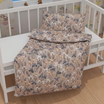 Dětské bavlněné povlečení do postýlky Sandra SA-637 Modro-béžovo-bílé kosatce na šedobéžovém - detail 1 - Biante.cz