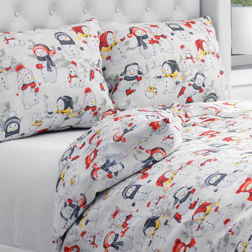 Bavlněné ložní povlečení Sandra SA-661 Sněhuláci na světle šedém - Biante.cz