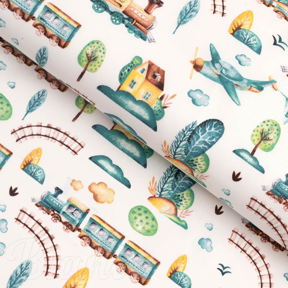 Dětská bavlněná látka/plátno Sandra SA-659 Modrozelené vláčky s letadýlky na bílém - šířka 160 cm - Biante.cz