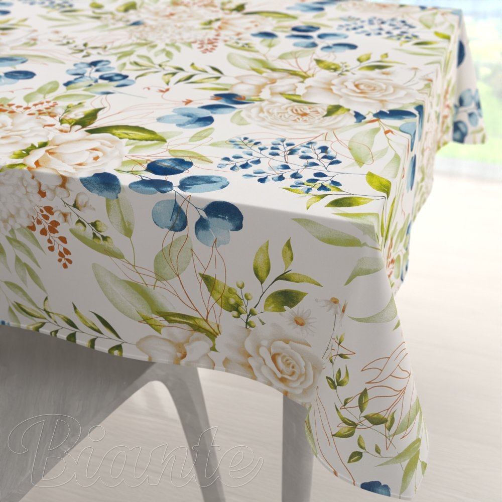 Bavlněný čtvercový ubrus Sandra SA-668 Květy a modro-zelené listy na bílém - Biante.cz