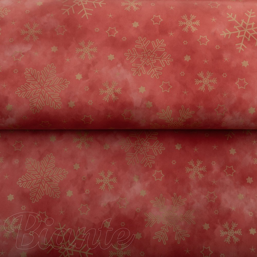 Vianočný PVC obrus Zlaté vločky na tehlovo červenom PV-188 - metráž š. 140 cm - detail 1 - Biante.sk