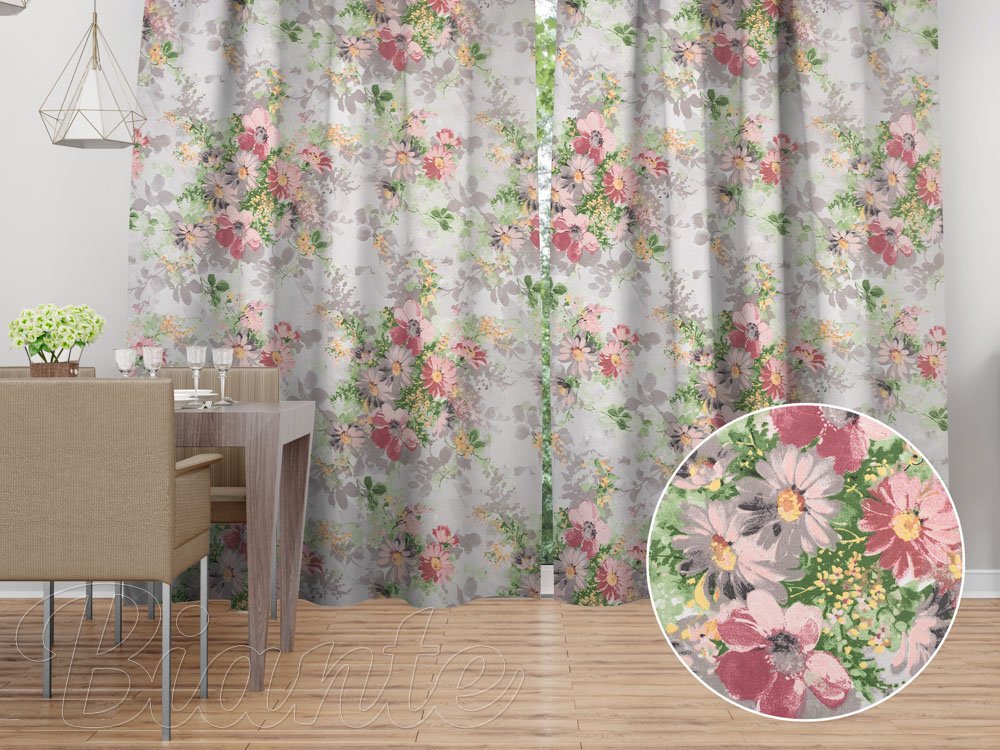 Bavlněný závěs na míru Sandra SA-704 Malované růžovo-červené květy na šedém - Biante.cz