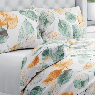 Bavlněné ložní povlečení Sandra SA-748 Hnědo-zelené akvarelové listy na bílém - Biante.cz