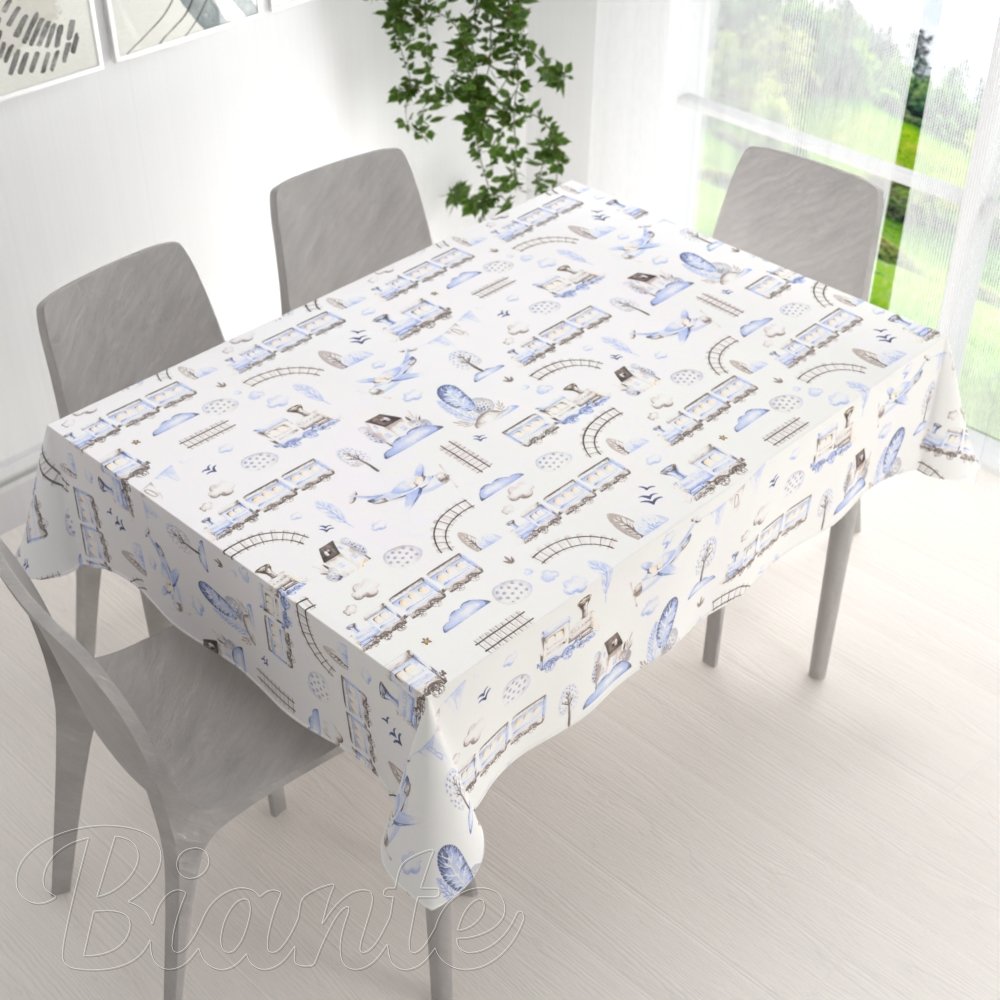 Dětský bavlněný obdélníkový ubrus Sandra SA-690 Modré vláčky s letadýlky na bílém - detail 1 - Biante.cz