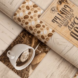 PVC obrus Káva na svetlo hnedom drevodekore PV-200 - metráž š. 140 cm - Biante.sk