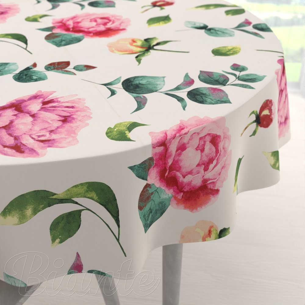 Bavlněný kulatý ubrus Sandra SA-715 Velké růžovočervené pivoňky na smetanovém - Biante.cz