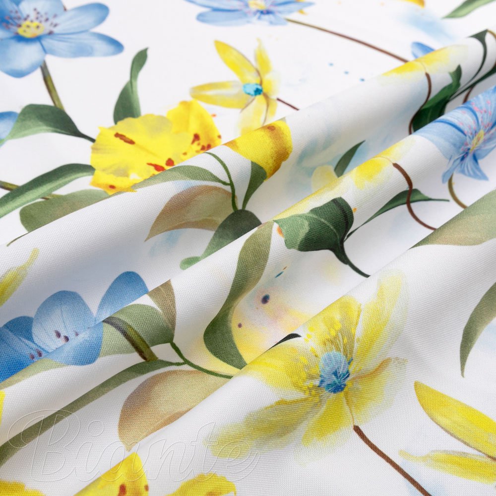 Teflonová látka na ubrusy TF-081 Žluto-modré lilie na bílém - šířka 155 cm - detail 2 - Biante.cz
