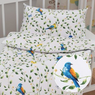 Dětské bavlněné povlečení do postýlky Sandra SA-501 Modří ptáčci a větvičky na bílém - Biante.cz