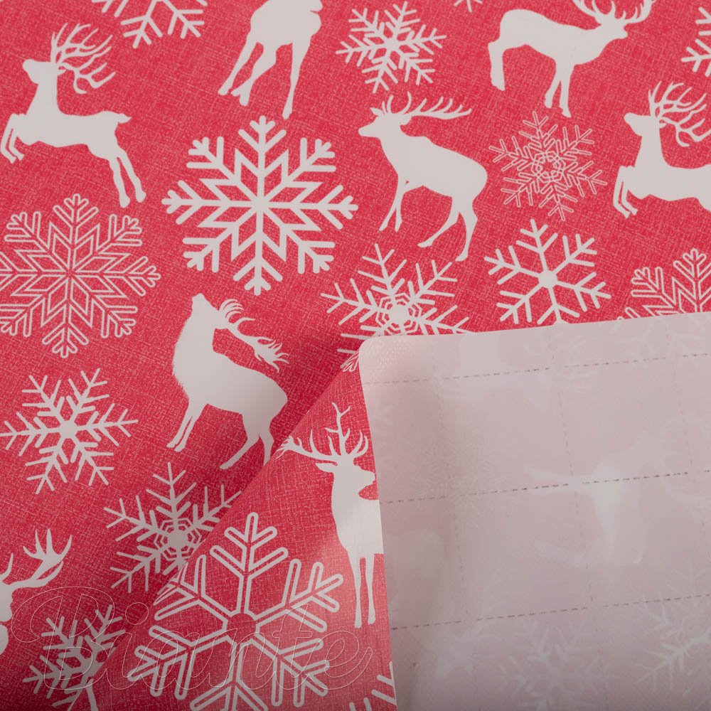 Vianočný PVC obrus Soby medzi vločkami na červenom PV-189 - metráž š. 140 cm - detail 3 - Biante.sk