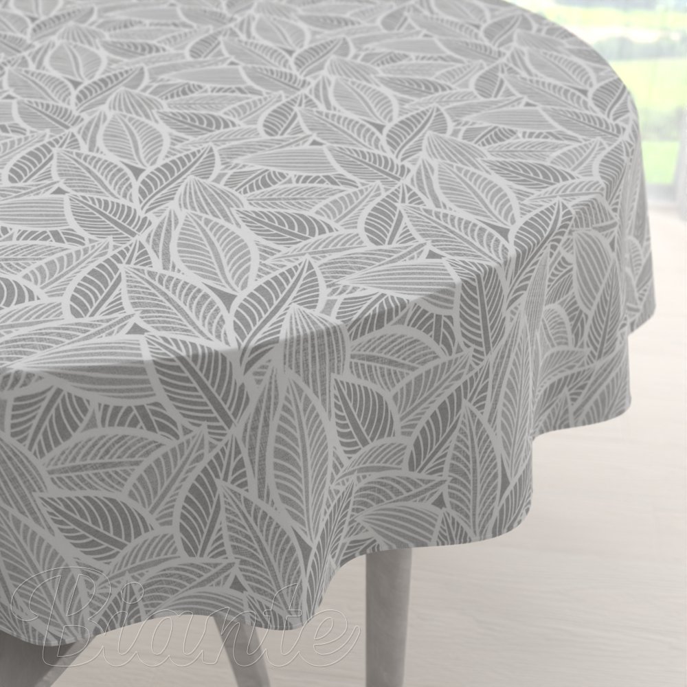 Dekorační kulatý ubrus Leona LN-169 Bílé listy na šedém - Biante.cz