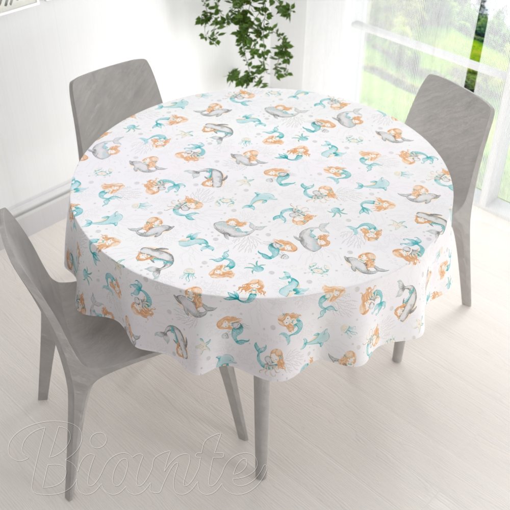 Dětský bavlněný kulatý ubrus Sandra SA-691 Modrozelené mořské panny s delfíny a velrybami na bílém - detail 1 - Biante.cz