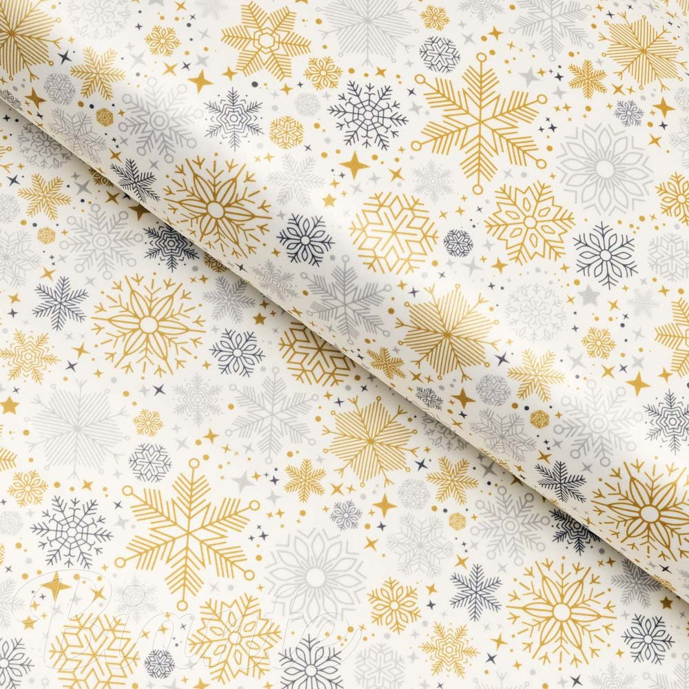 Látka polyesterový satén LUP-505 Zlato-stříbrné vločky na bílém - šířka 145 cm - Biante.cz