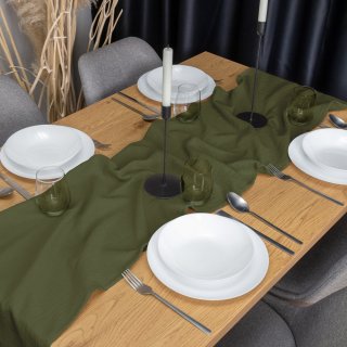 Mušelínový běhoun na stůl MSN-022 Tmavý olivově zelený - detail 1 - Biante.cz Mušelínový běhoun na stůl MSN-022 Tmavý olivově zelený - detail 1 - Biante.cz