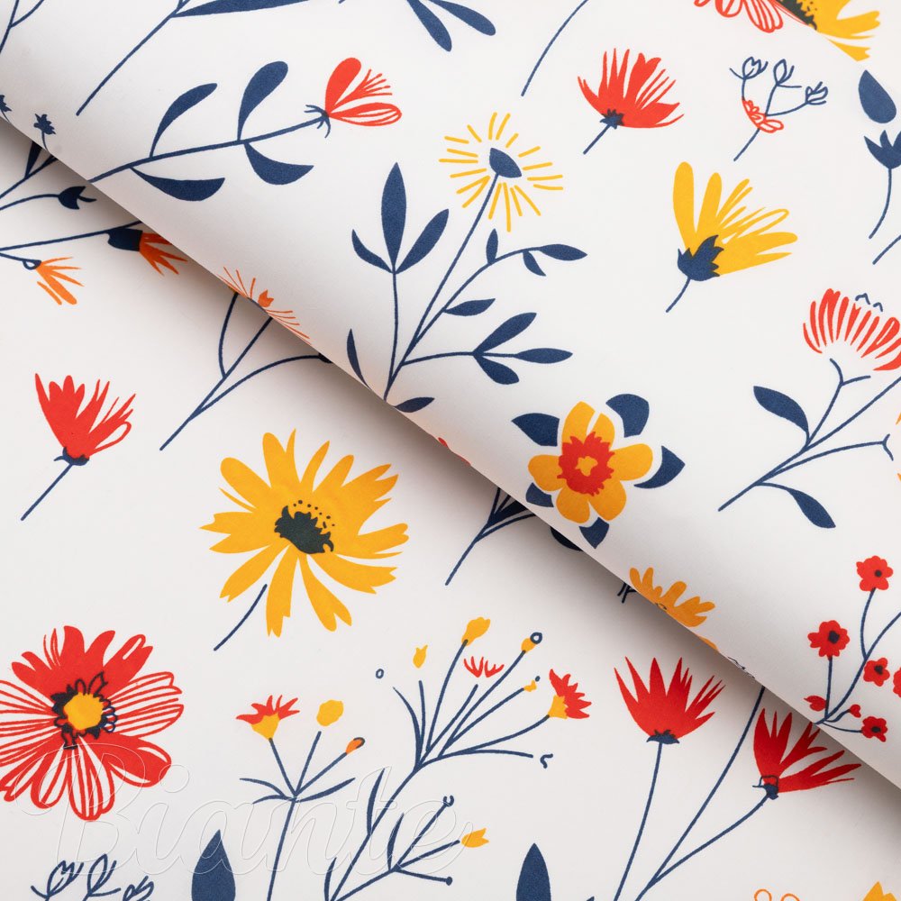 Bavlněná látka/plátno Sandra SA-749 Červeno-modro-žluté kvítí na bílém - šířka 160 cm - Biante.cz
