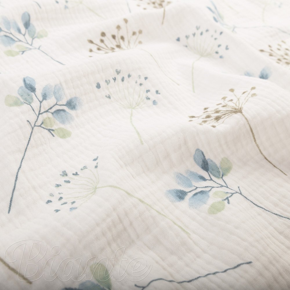 Mušelín dvojitá gázovina MSN-092 Modro-zelené vetvičky na krémovo bielom - metráž šírka 140 cm - detail 8 - Biante.sk