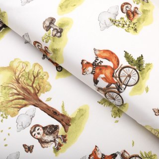 Detská bavlnená látka/plátno Sandra SA-697 Líšky na bicykloch - zelené na bielom - šírka 160 cm - Biante.sk Detská bavlnená látka/plátno Sandra SA-697 Líšky na bicykloch - zelené na bielom - šírka 160 cm - Biante.sk