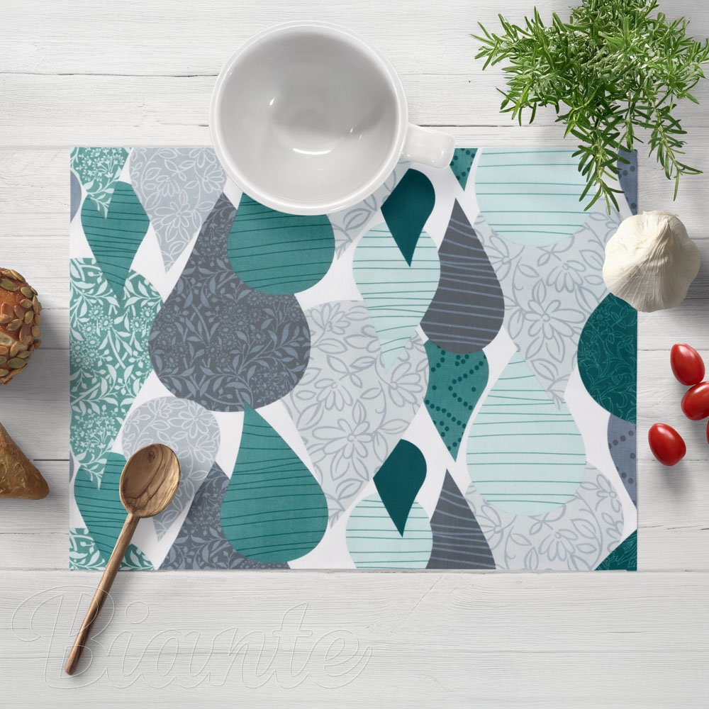 Bavlněné prostírání na stůl Sandra SA-444 Šedo-petrolejové kapky s ornamenty - Biante.cz