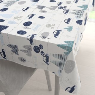 Dětský bavlněný obdélníkový ubrus Sandra SA-685 Modrá auta mezi stromy na bílém - Biante.cz