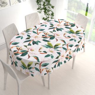 Bavlněný oválný ubrus Sandra SA-293 Magnolie se zelenými listy na bílém - detail 1 - Biante.cz
