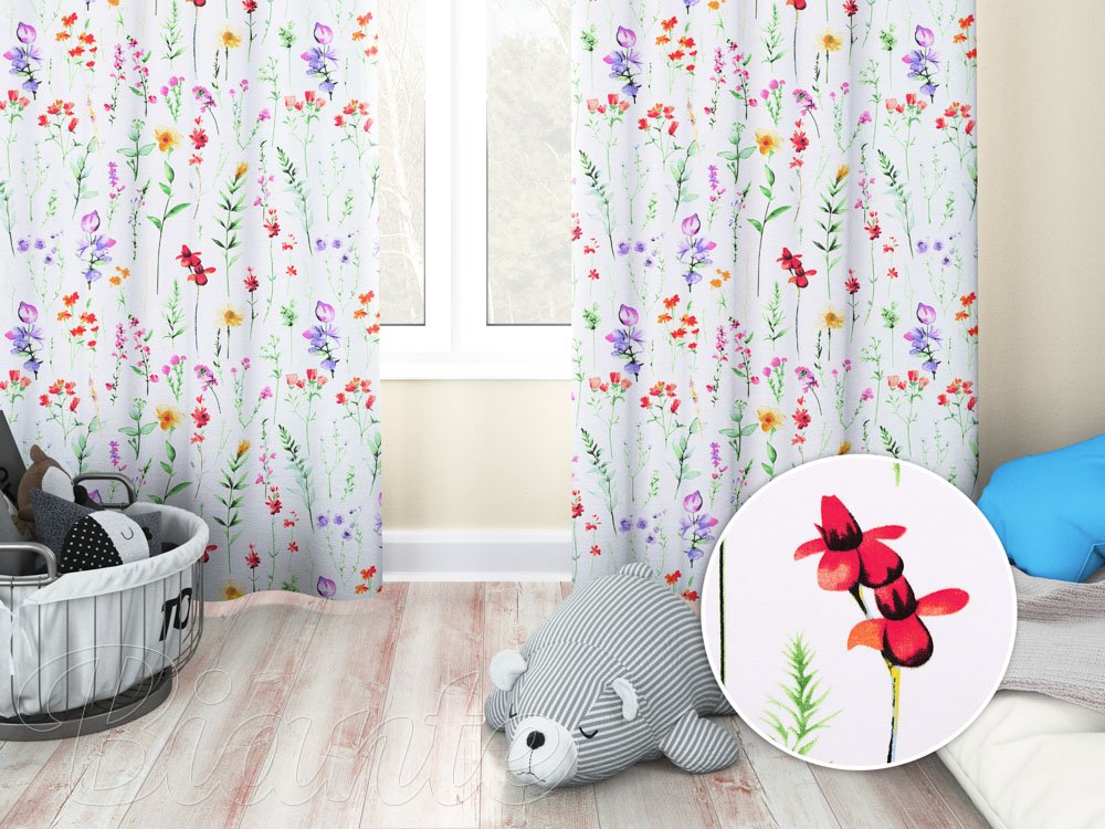 Dětský bavlněný závěs na míru Sandra SA-492 Květovaná louka na bílém - Biante.cz