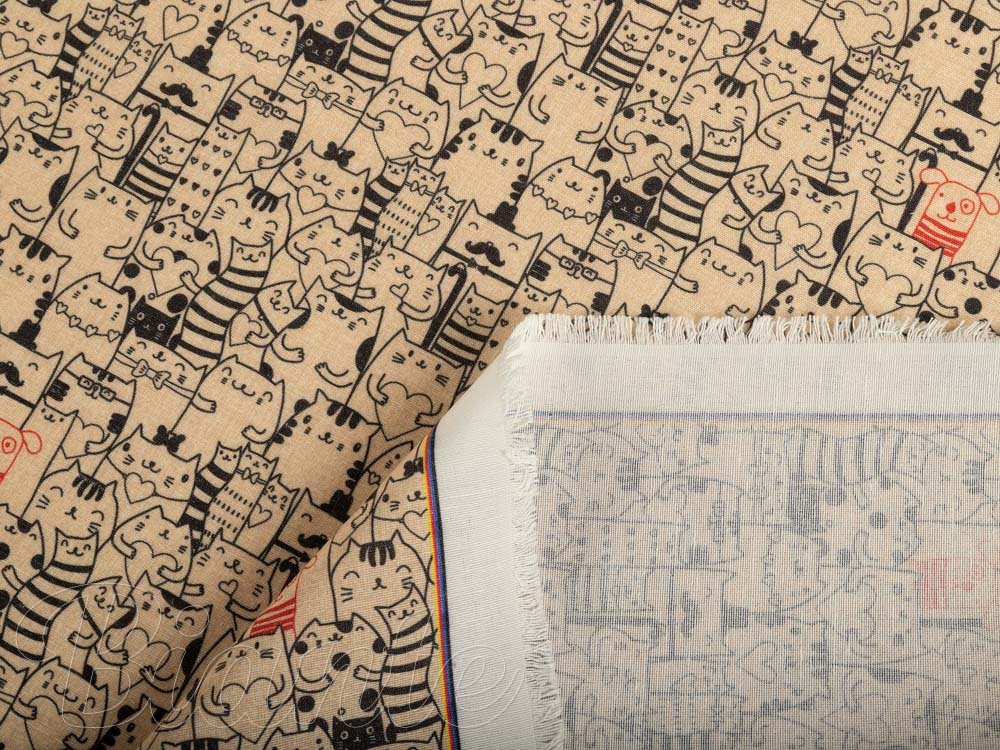 Dekorační látka PML-093 Pes mezi kočkami na hnědobéžovém - šířka 150 cm - detail 3 - Biante.cz