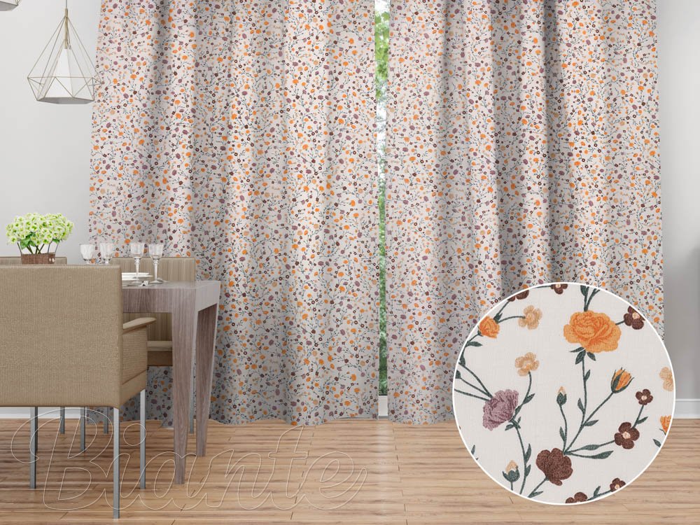 Bavlněný závěs na míru Sandra SA-720 Oranžovo-hnědo-béžové drobné květiny na smetanovém - Biante.cz