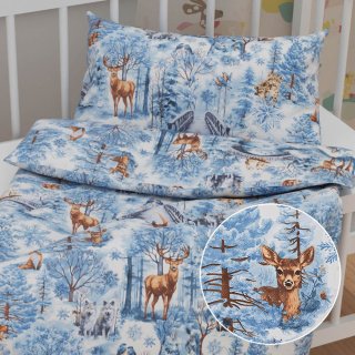 Dětské bavlněné povlečení do postýlky Sandra SA-674 Lesní zvířata v zimním lese na modrém - Biante.cz