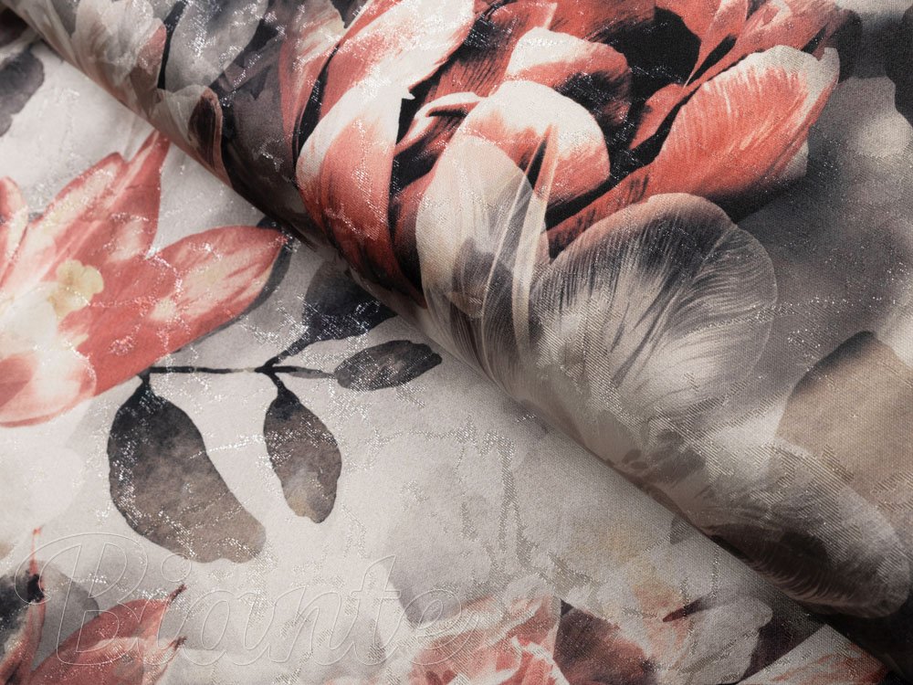 Dekorační látka Parma PM-111 Cihlově červené květy na kouřově šedohnědém - šířka 150 cm - Biante.cz