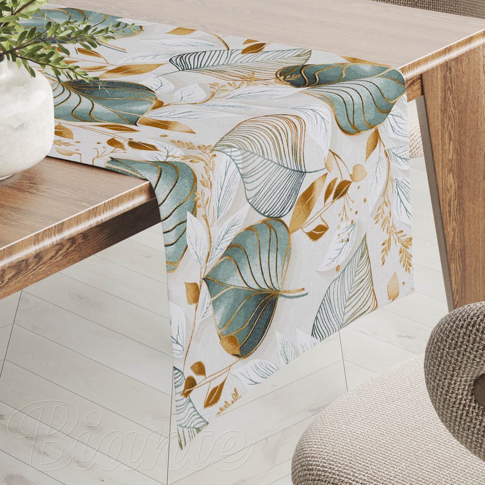 Dekorační běhoun na stůl Leona LN-174 Zelené listy na režném - Biante.cz