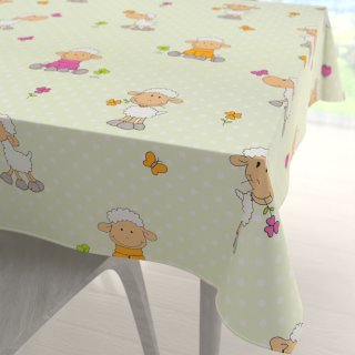 Dětský bavlněný čtvercový ubrus Sandra SA-729 Veselé ovečky na světle zeleném puntíkovaném - Biante.cz